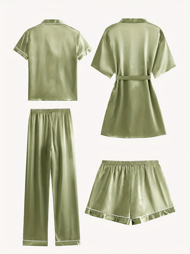 Juliette | 4-Piece Solid Satin Pajama Mid-Sleeve Robe Set